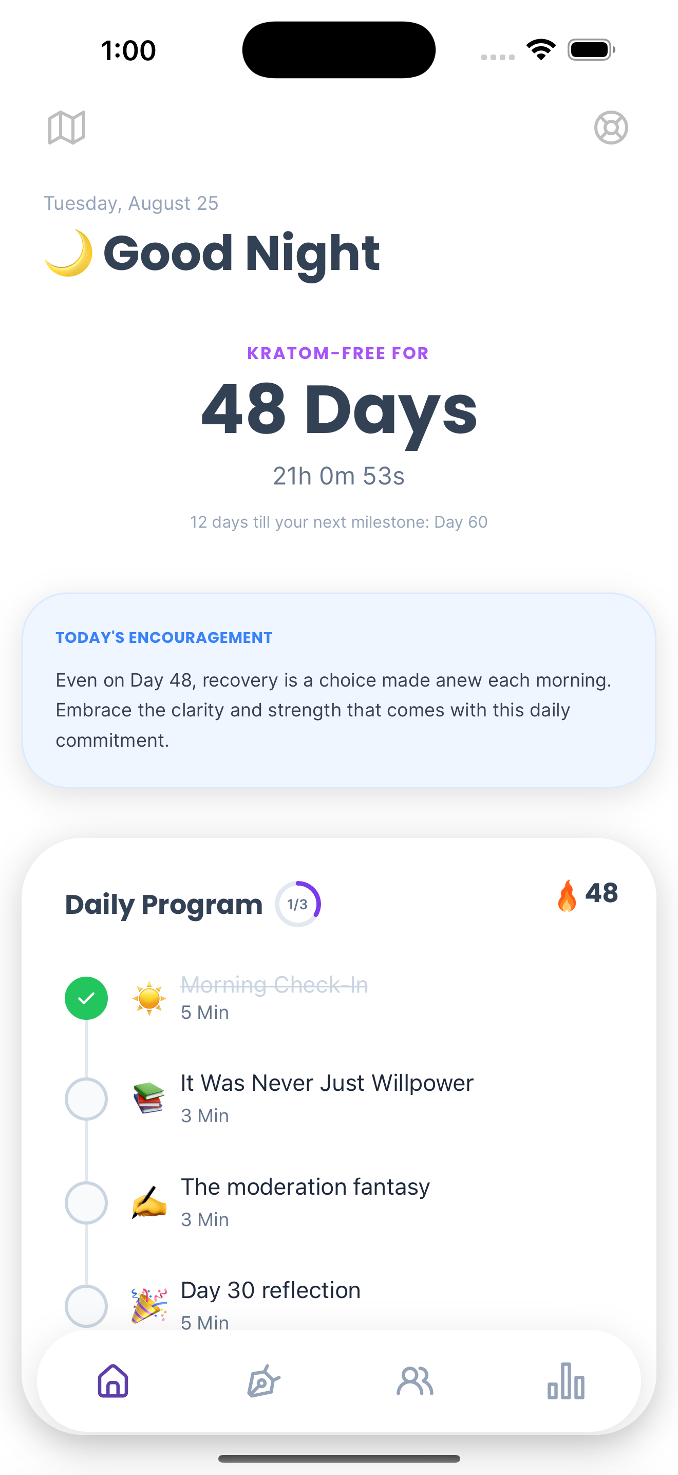 K-Free home screen showing 48 kratom-free days and today's recovery program