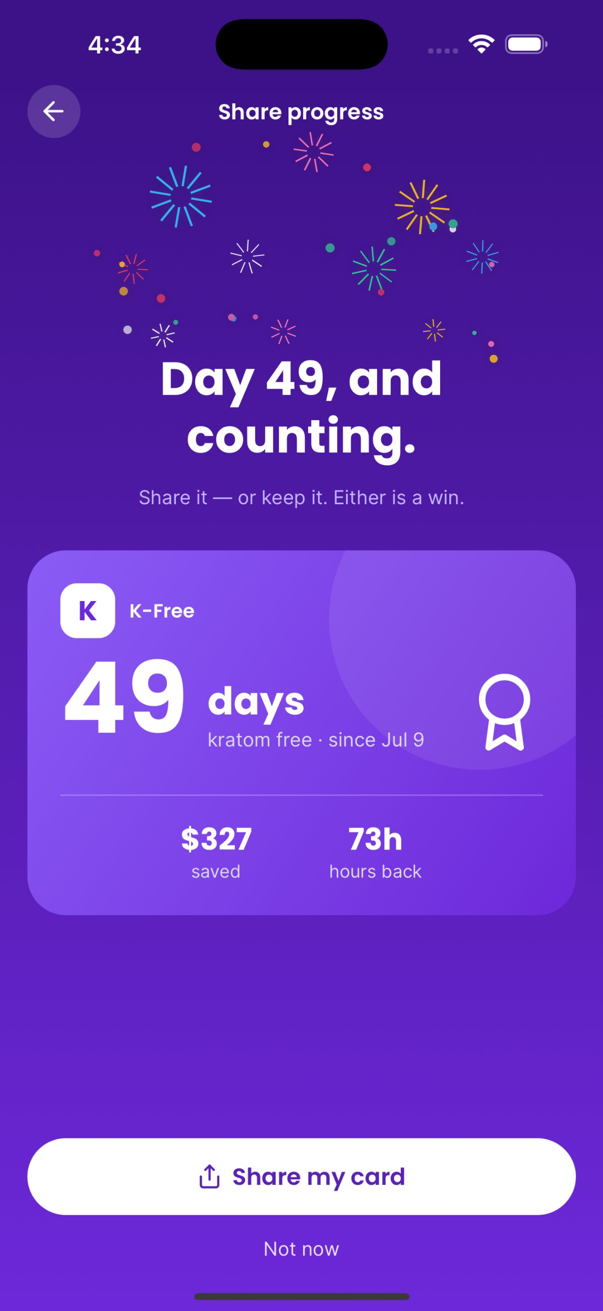 K-Free share progress screen with fireworks and a 49 day recovery card