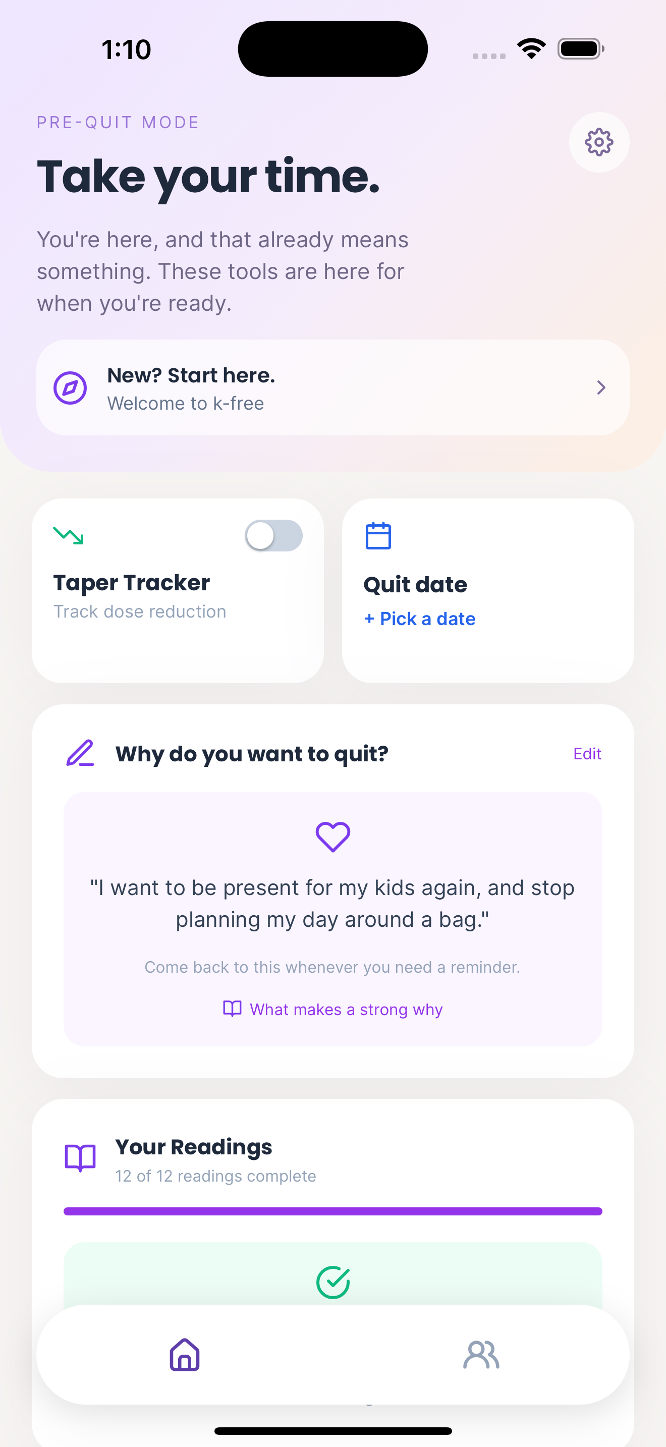 K-Free Pre-Quit Mode with quit preparation, taper tracking, and a personal reason to quit