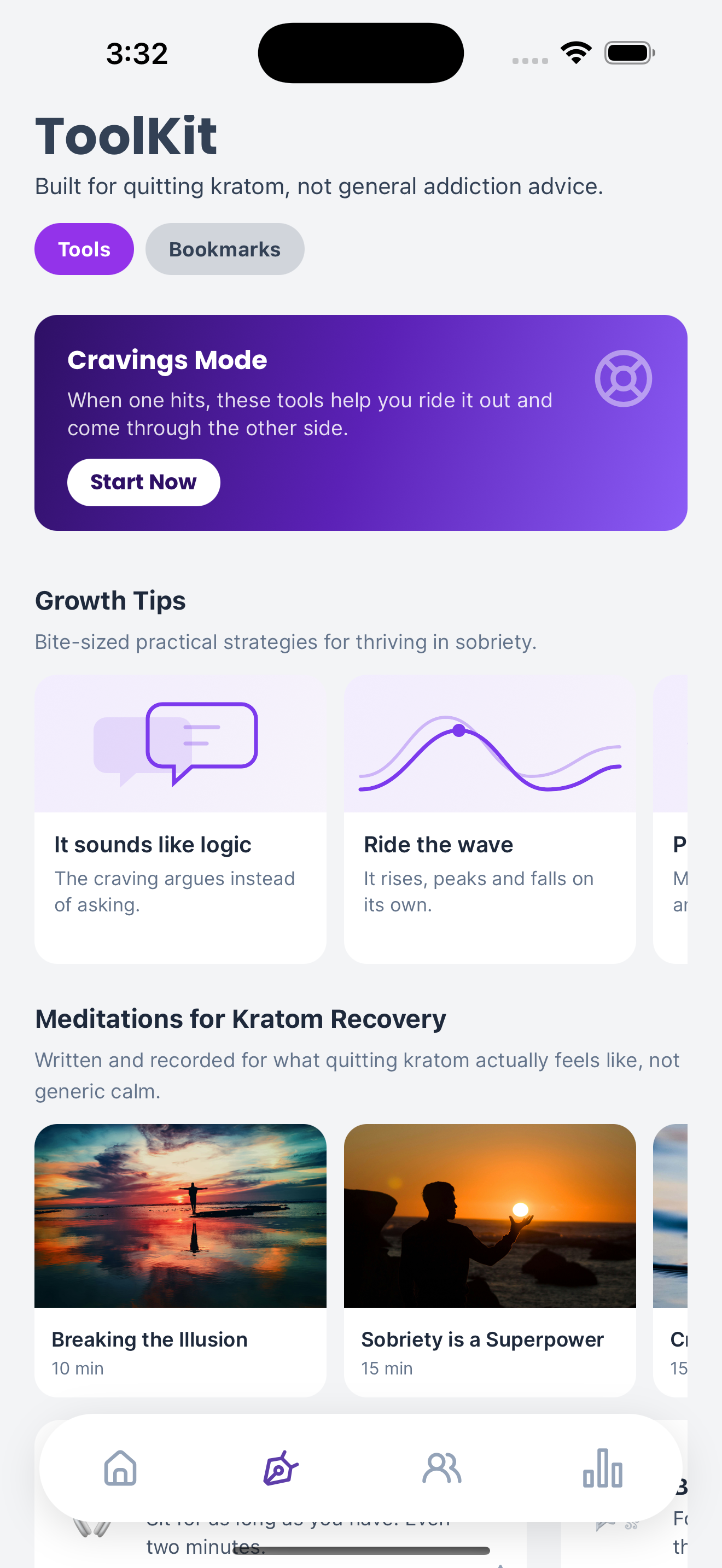 K-Free toolkit with Cravings Mode, growth tips, and meditations for kratom recovery
